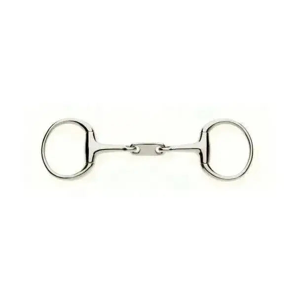 Silver lorina dr bristol eggbutt snaffle with straight edged angled plate and polished metal horsebit rings