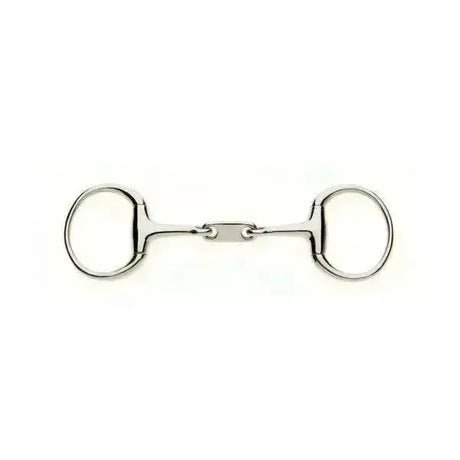 Silver lorina dr bristol eggbutt snaffle with straight edged angled plate and polished metal horsebit rings