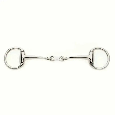 Shiny silver metal lorina eggbutt french link bradoon bit with two rings and central joint for riding control