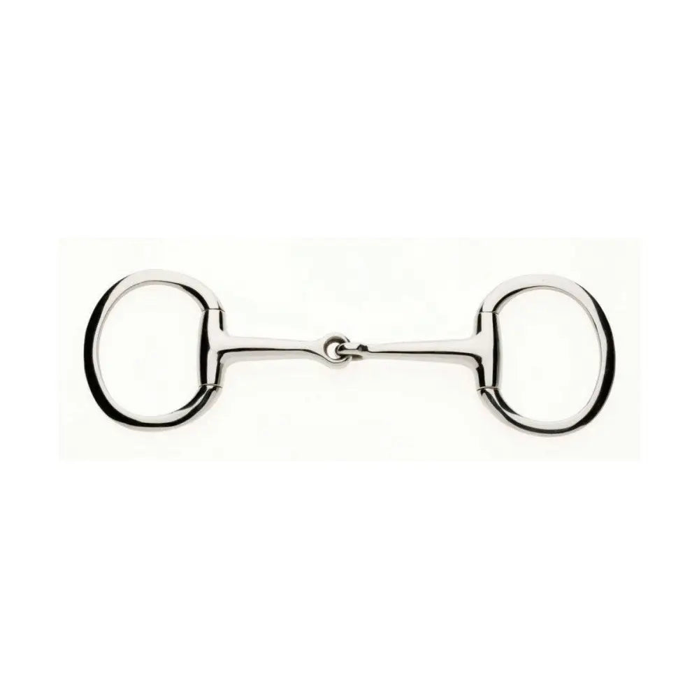 Shiny silver metal lorina eggbutt snaffle with smooth rounded rings and a central joint for horses