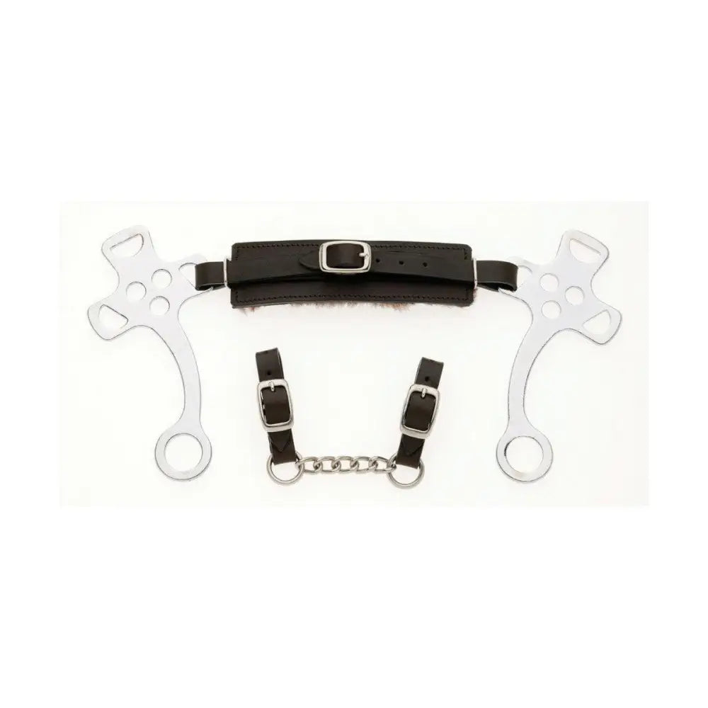 Black leather lorina english hackamore horse bit with silver metal plates and chain attachment for difficult horses
