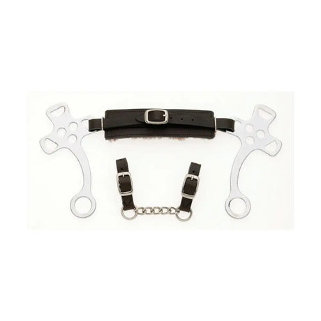 Black leather lorina english hackamore horse bit with silver metal plates and chain attachment for difficult horses