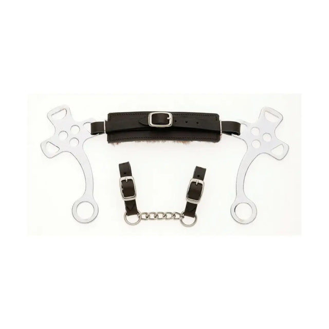 Black leather lorina english hackamore horse bit with silver metal plates and chain attachment for difficult horses