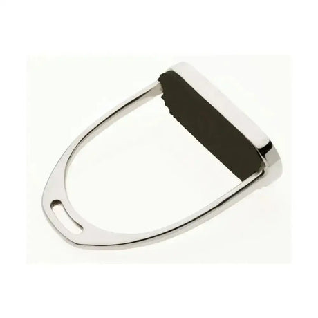 Chrome finished metal lorina fillis stirrup irons with black rubber treads on top surface for secure grip