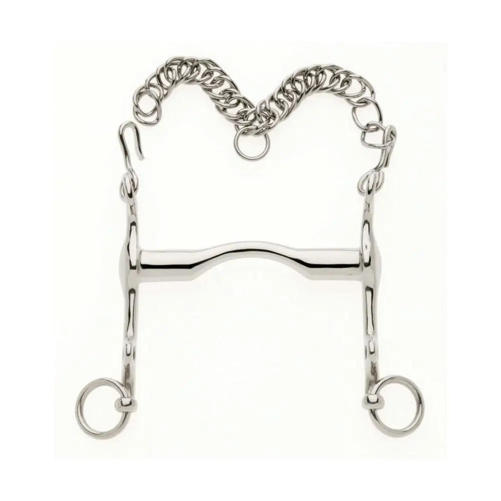 Silver polished metal lorina fixed cheek dressage weymouth horsebit with curved mouthpiece and attached chain