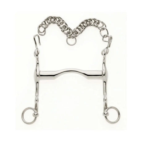 Silver polished metal lorina fixed cheek dressage weymouth horsebit with curved mouthpiece and attached chain