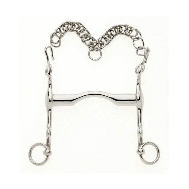 Silver polished metal lorina fixed cheek dressage weymouth horsebit with curved mouthpiece and attached chain