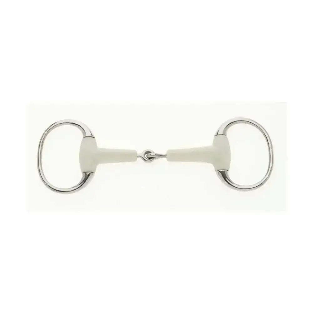 Silver-toned lorina flexi eggbutt jointed snaffle with white rubberized mouthpiece and polished metal rings