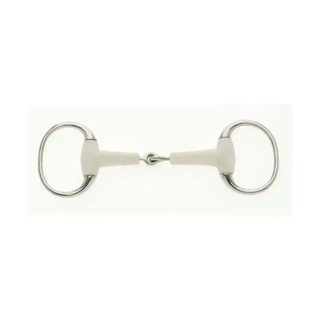 Silver-toned lorina flexi eggbutt jointed snaffle with white rubberized mouthpiece and polished metal rings