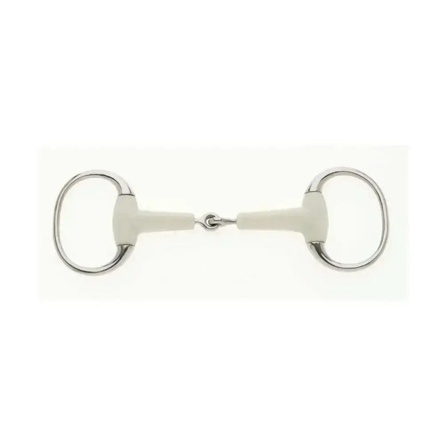 Silver-toned lorina flexi eggbutt jointed snaffle with white rubberized mouthpiece and polished metal rings
