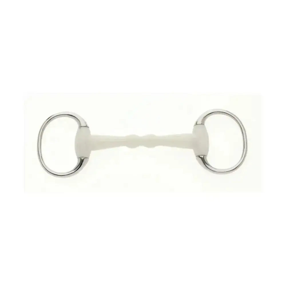 White rubber lorina flexi eggbutt mullen mouth snaffle with polished metal rings and smooth textured bar