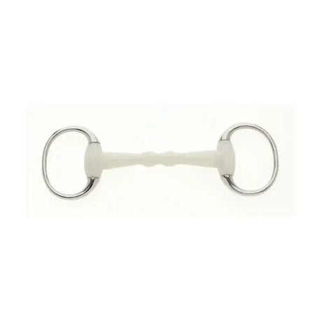 White rubber lorina flexi eggbutt mullen mouth snaffle with polished metal rings and smooth textured bar