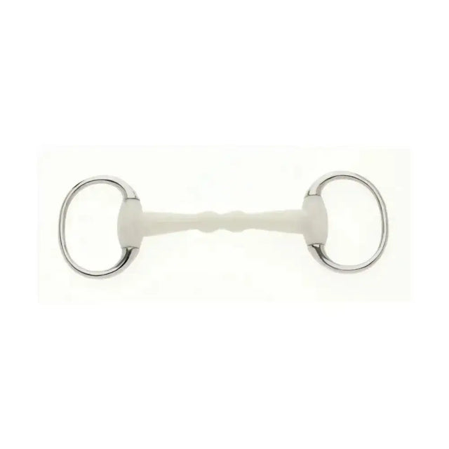White rubber lorina flexi eggbutt mullen mouth snaffle with polished metal rings and smooth textured bar