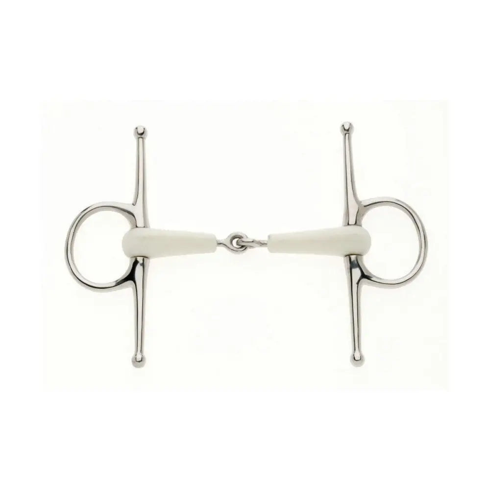 Silver flexi bits Lorina cheek jointed eggbutt snaffle with white rubberized mouthpiece shown from front view