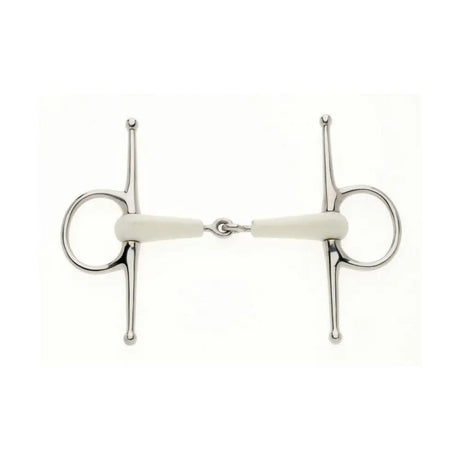 Silver flexi bits Lorina cheek jointed eggbutt snaffle with white rubberized mouthpiece shown from front view