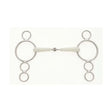 Silver metal horse bit with white rubber mouthpiece and three rings on each side lorina flexi jointed continental