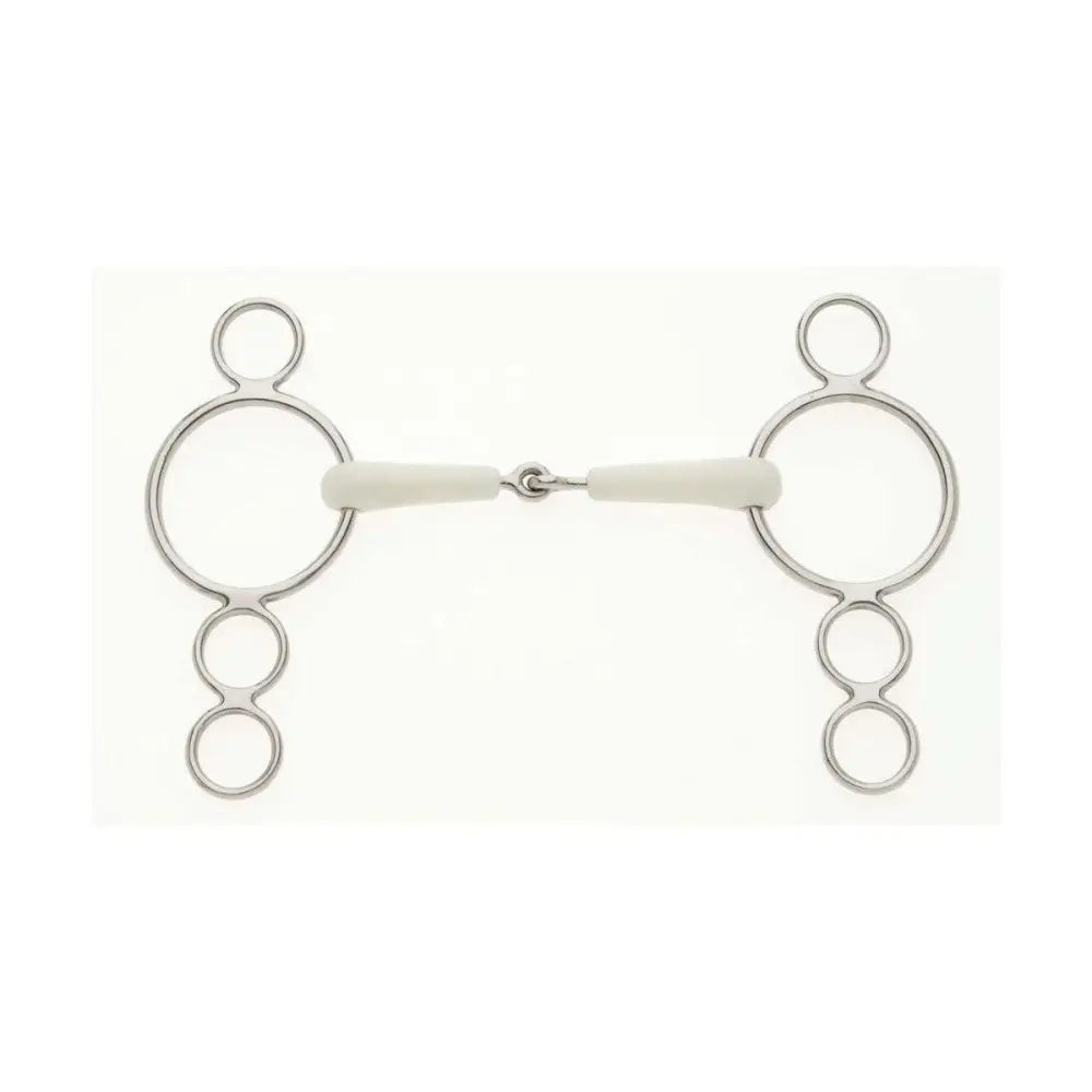 Silver metal horse bit with white rubber mouthpiece and three rings on each side lorina flexi jointed continental
