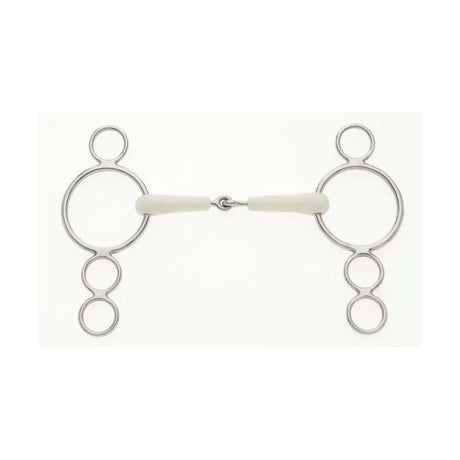 Silver metal horse bit with white rubber mouthpiece and three rings on each side lorina flexi jointed continental