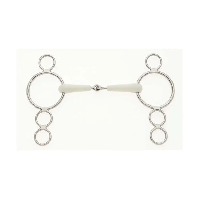 Silver metal horse bit with white rubber mouthpiece and three rings on each side lorina flexi jointed continental