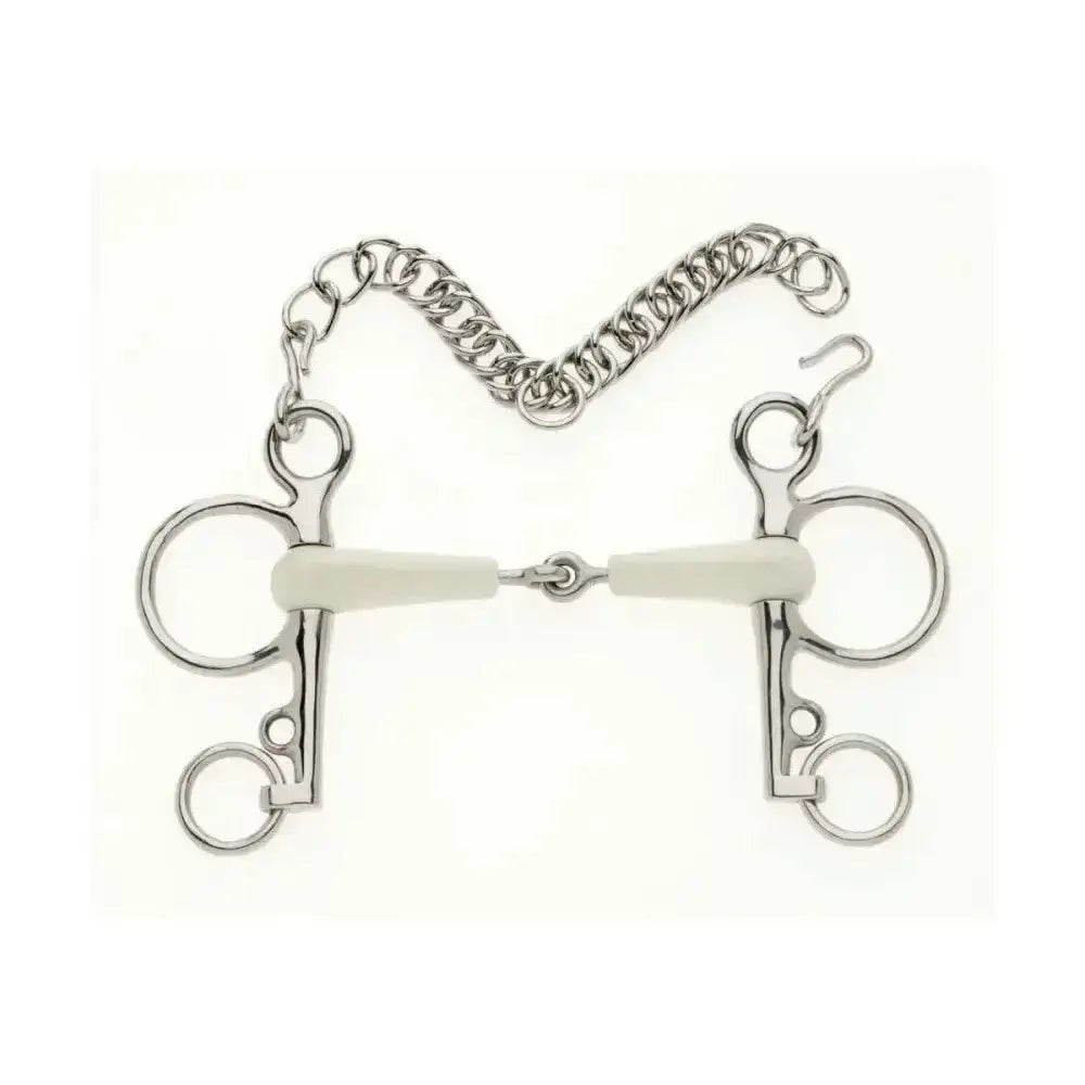 Silver metal horsebit with white rubber mouthpiece and chain in lorina flexi jointed pelham bit
