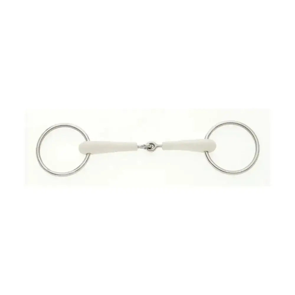 White rubber-nosed lorina flexi loose ring jointed snaffle with silver metal rings and central joint