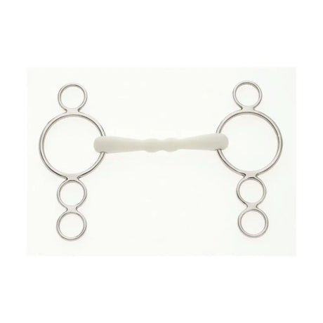 Silver metal lorina flexi mullen mouth horse bit with white rubber mouthpiece and three rings on each side