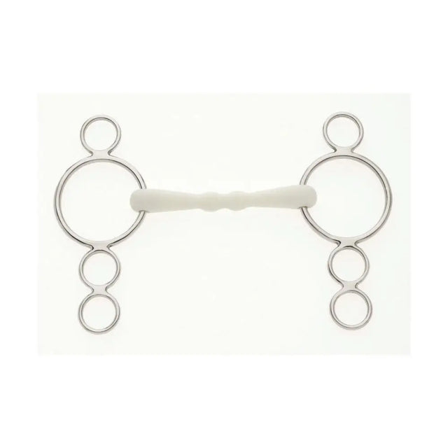 Silver metal lorina flexi mullen mouth horse bit with white rubber mouthpiece and three rings on each side