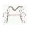 Silver metal lorina flexi mullen mouth pelham bit with white rubber mouthpiece and attached chain