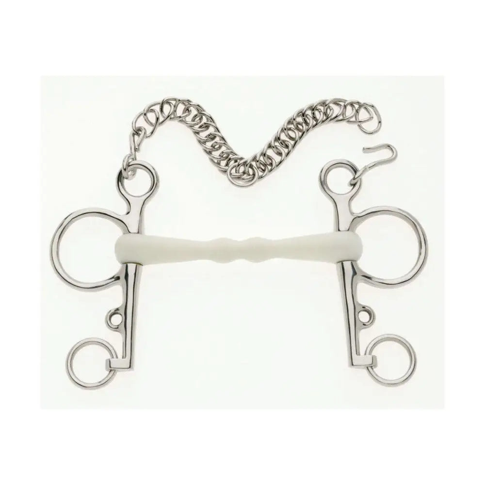Silver metal lorina flexi mullen mullen mouth pelham with white rubberized mouthpiece and attached chain