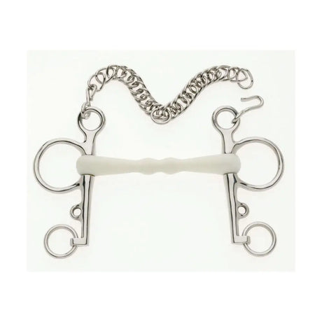 Silver metal lorina flexi mullen mullen mouth pelham with white rubberized mouthpiece and attached chain