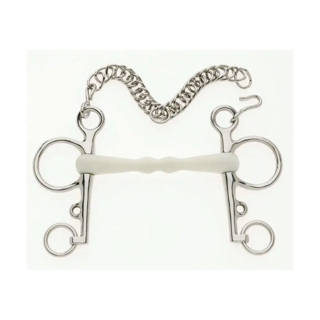 Silver metal lorina flexi mullen mullen mouth pelham with white rubberized mouthpiece and attached chain