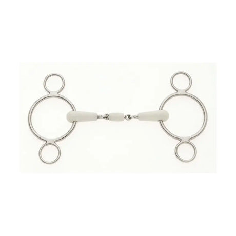 Silver lorina flexi peanut joint horsebit with white rubberized mouthpiece and traditional stainless steel three-ring design