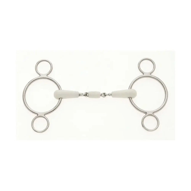 Silver lorina flexi peanut joint horsebit with white rubberized mouthpiece and traditional stainless steel three-ring design