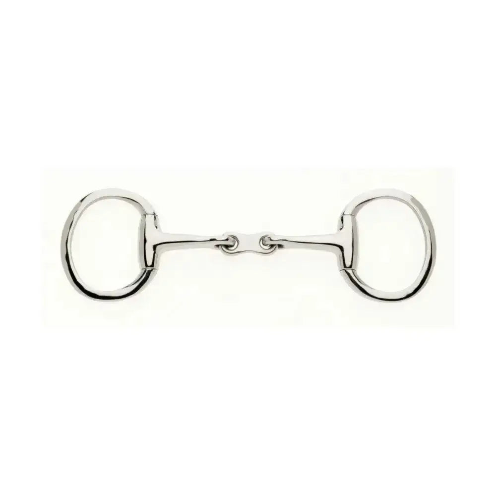 Silver polished metal lorina french link eggbutt snaffle with smooth rounded design and two circular rings for nut cracker action