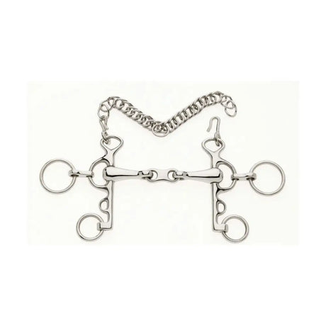 Silver stainless steel french link rugby pelham with chain and multiple rings for secure horse control