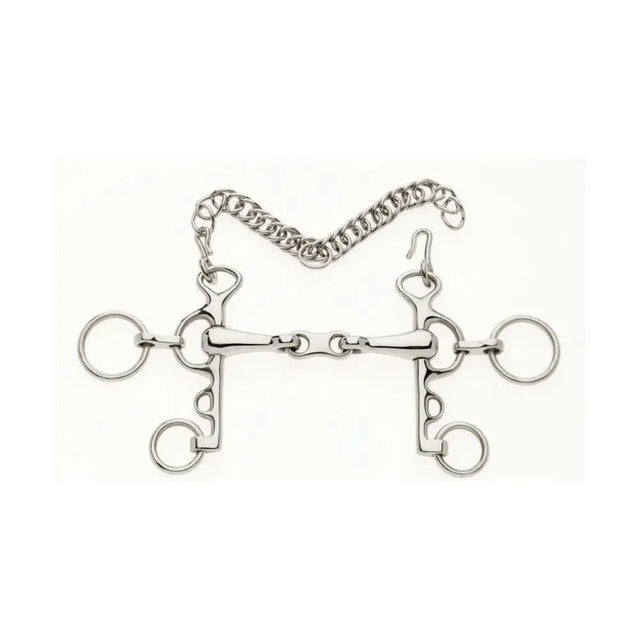 Silver stainless steel french link rugby pelham with chain and multiple rings for secure horse control