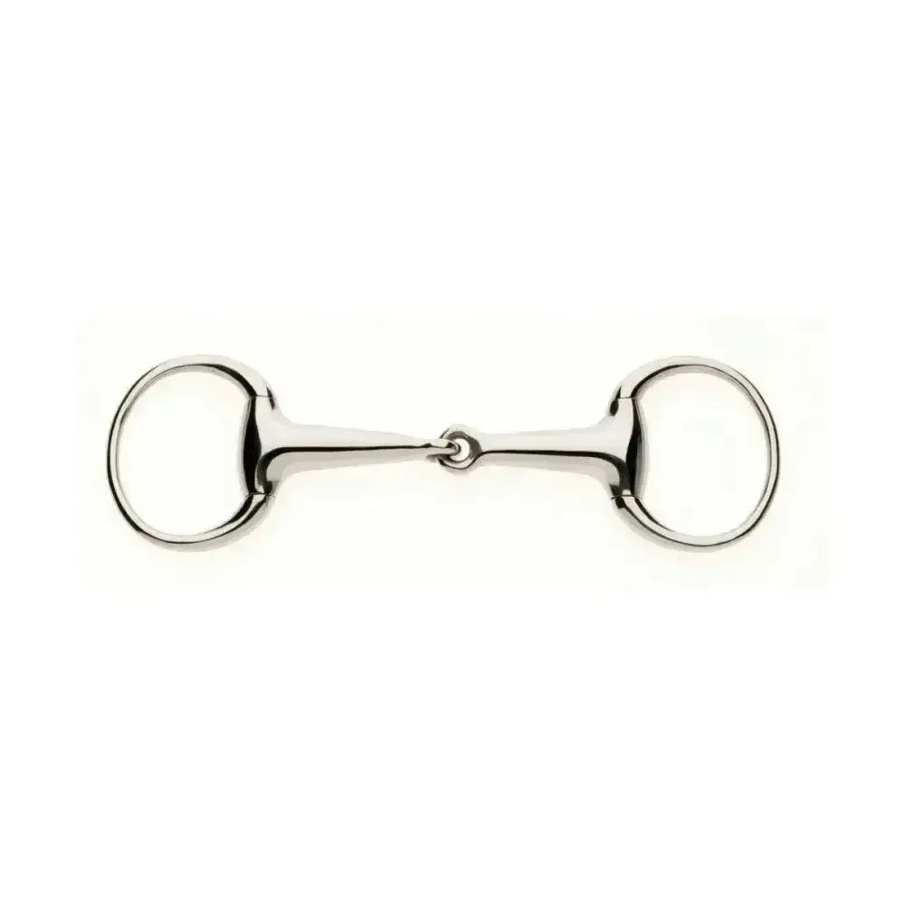 Shiny silver lorina hollow mouth eggbutt snaffle with smooth polished metal rings and nutcracker action joint