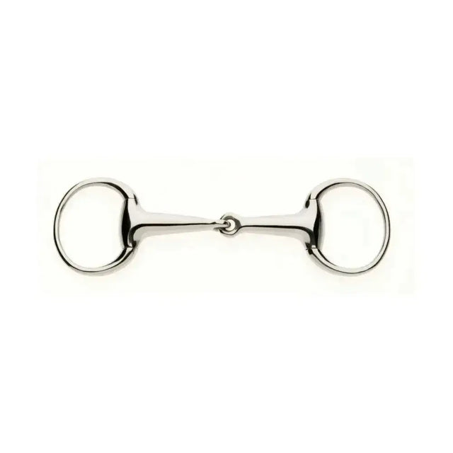 Shiny silver lorina hollow mouth eggbutt snaffle with smooth polished metal rings and nutcracker action joint