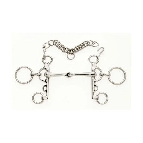 Silver-colored metal lorina jointed rugby pelham with central bar and rings for reins attachment featuring jointed mouthpiece exerts control