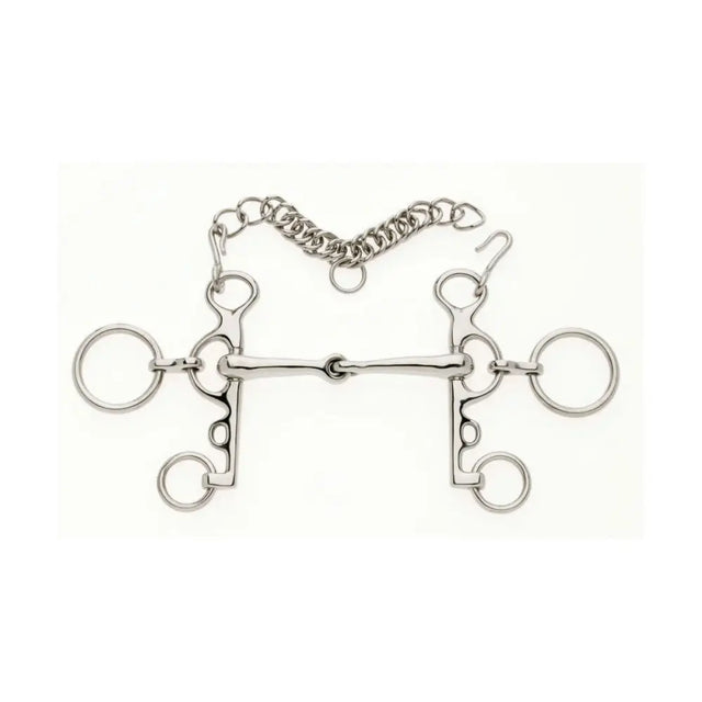 Silver-colored metal lorina jointed rugby pelham with central bar and rings for reins attachment featuring jointed mouthpiece exerts control
