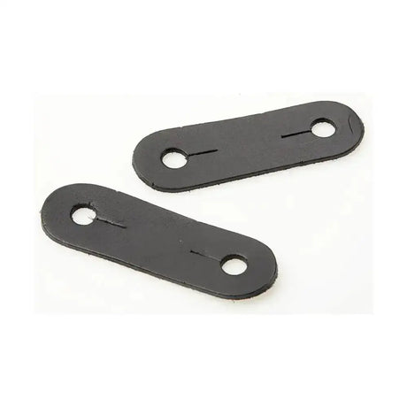 Black leather strap pieces with rounded ends and two holes for lorina leathers peacock safety irons pair