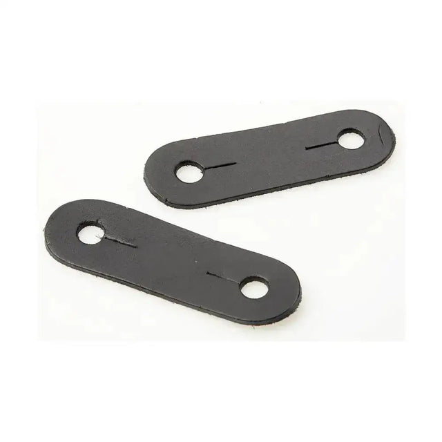 Black leather strap pieces with rounded ends and two holes for lorina leathers peacock safety irons pair