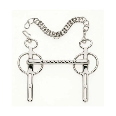 Silver lorina liverpool driving bit with twisted straight bar mouthpiece and chain attachment for horse control