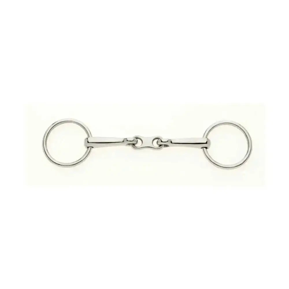 Silver polished metal lorina loose ring french link bradoon bit with two circular rings and a slightly thinner central bar