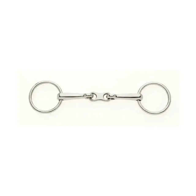 Silver polished metal lorina loose ring french link bradoon bit with two circular rings and a slightly thinner central bar