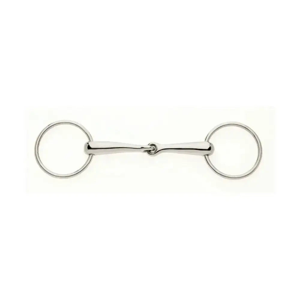 Shiny silver lorina loose ring jointed snaffle with polished metal rings and central bar for sensitive contact disciplines