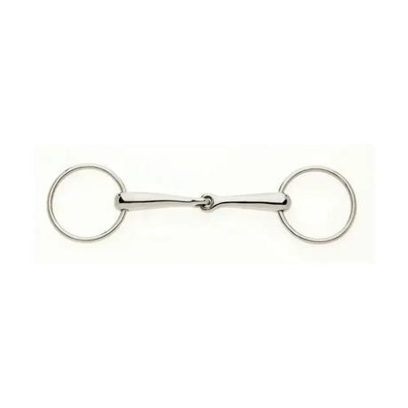 Shiny silver lorina loose ring jointed snaffle with polished metal rings and central bar for sensitive contact disciplines