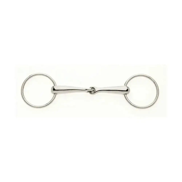 Shiny silver lorina loose ring jointed snaffle with polished metal rings and central bar for sensitive contact disciplines