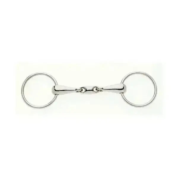 Silver polished metal lorina loose ring snaffle horse bit with smooth curved design and two circular rings