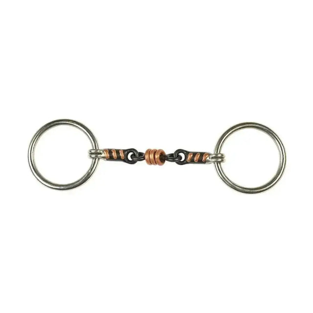 Silver and copper lorina loose ring horse bit with twisted sweet iron roller link design